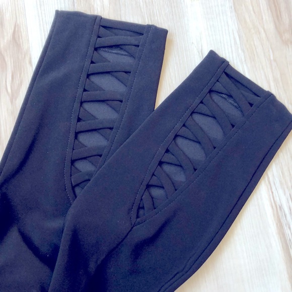 Joseph Ribkoff | criss-cross detail black leggings - Picture 1 of 5